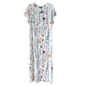 Noracora White Multicolored Floral V-Neck Cap Sleeve Casual Maxi Dress